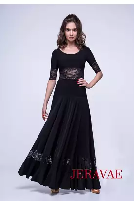 Long Black Ballroom Practice skirt with Lace Panel and Soft Hem PRA 561