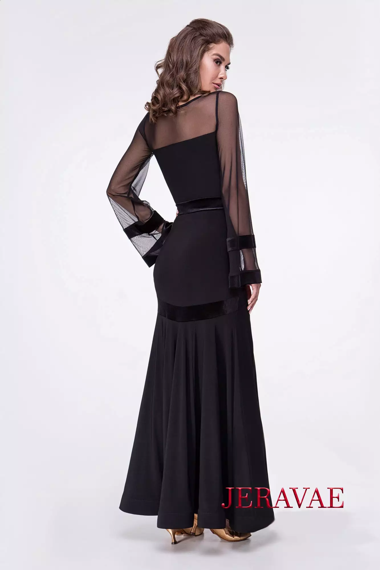 Long Black Ballroom Practice Skirt with Stretch Velvet Detail and Waistband PRA 549