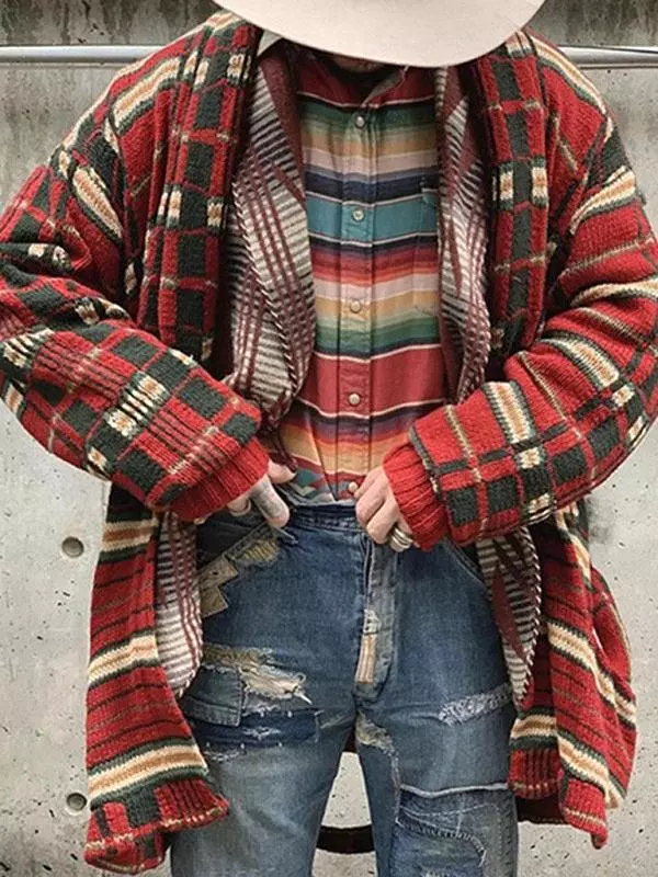 Long Plaid Knitted Men Cardigan Sweater