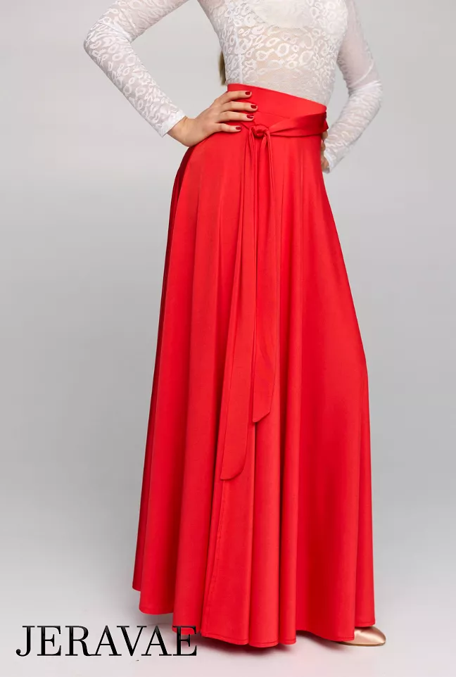 Long Red Ballroom/Tango Practice Skirt with Tie Detail and Soft Hem PRA 824