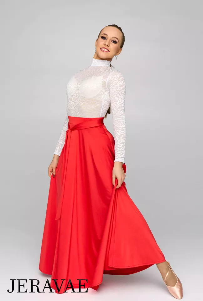 Long Red Ballroom/Tango Practice Skirt with Tie Detail and Soft Hem PRA 824