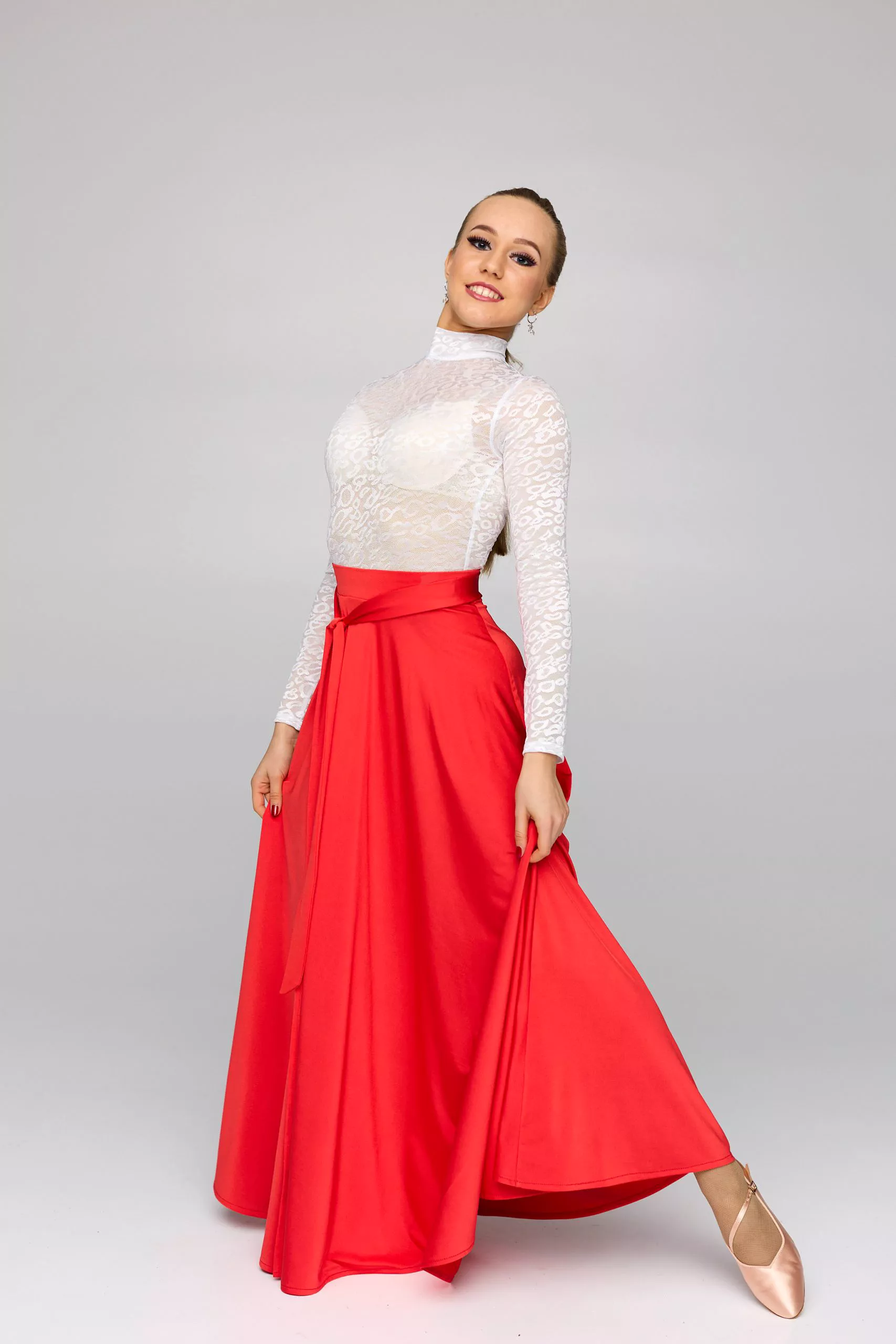 Long Red Ballroom/Tango Practice Skirt with Tie Detail and Soft Hem PRA 824