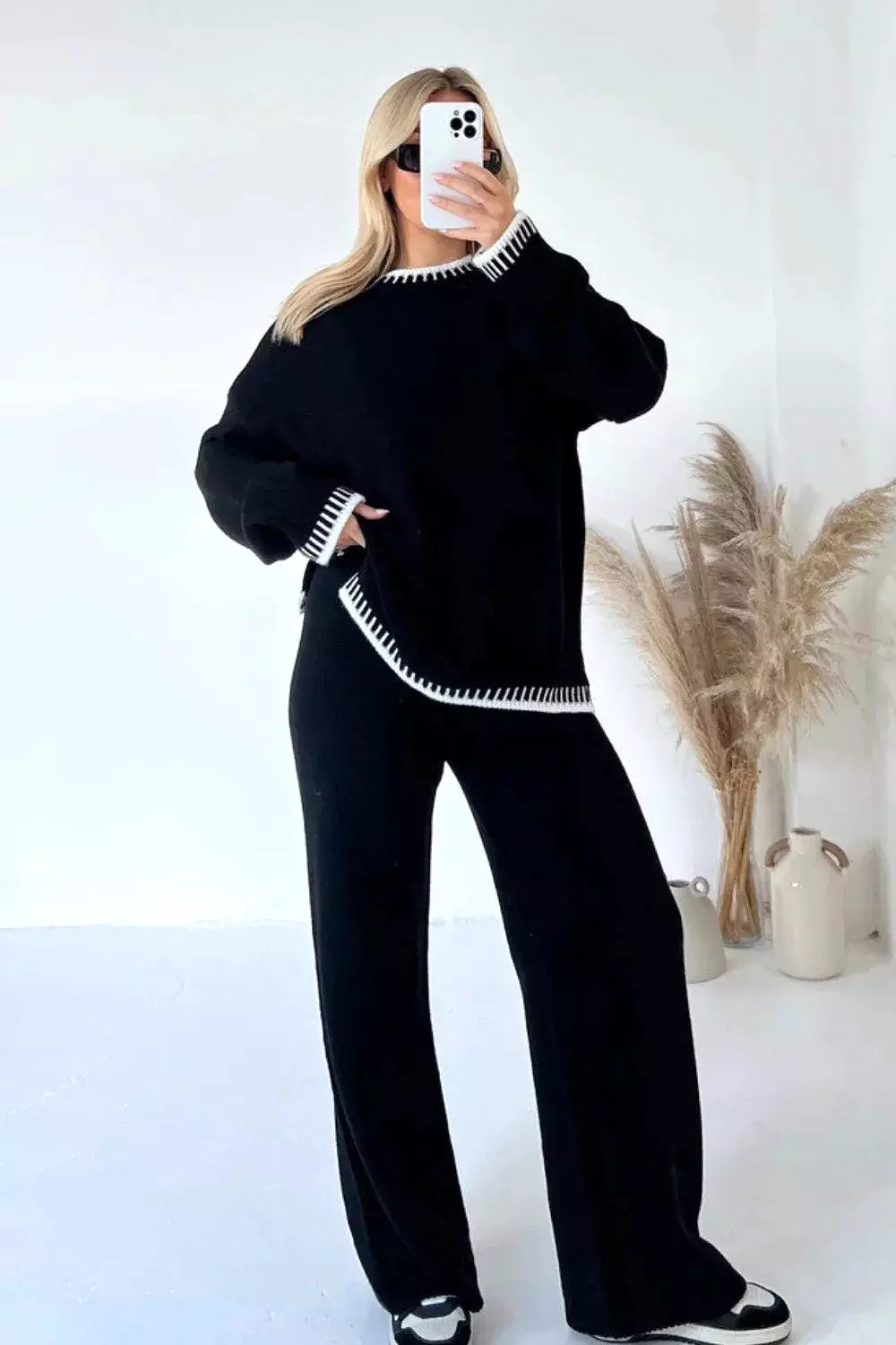 Loose Stripes Women Pants Sweater Set