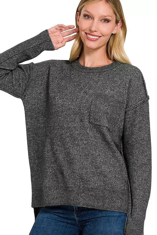 Melange Hi-Low hem Round Neck Sweater