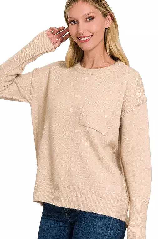 Melange Hi-Low hem Round Neck Sweater