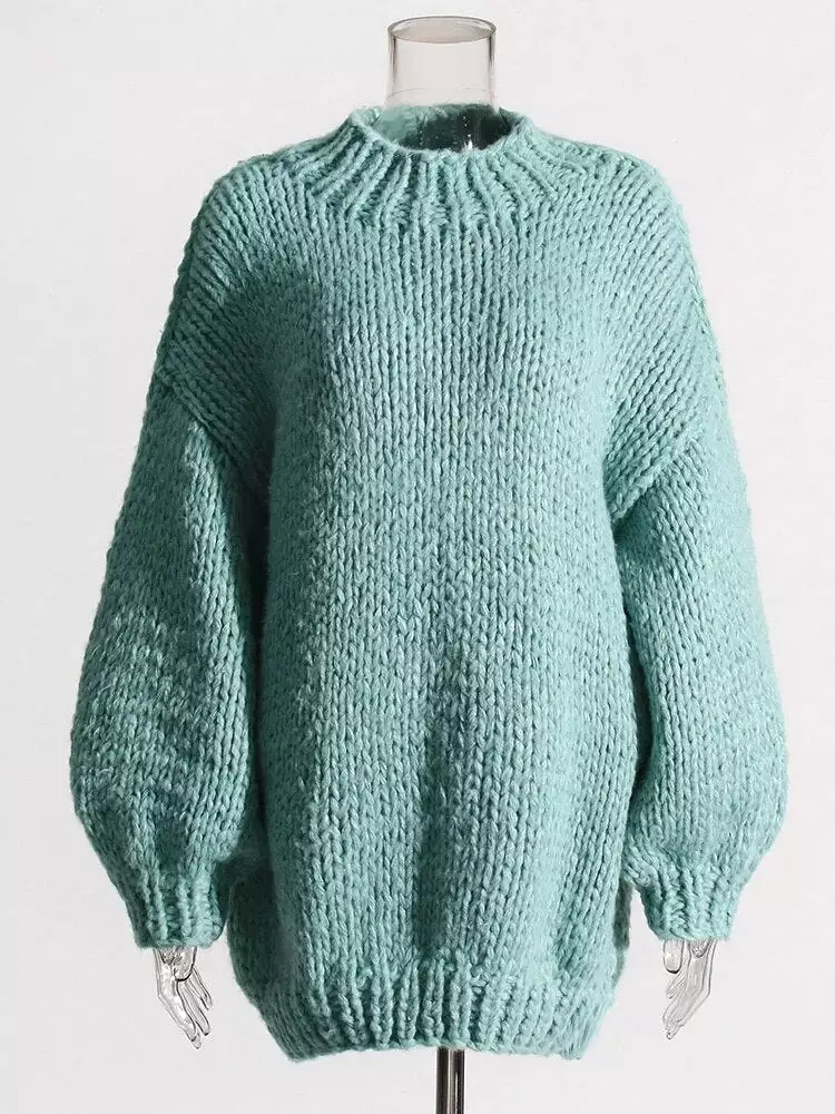 Mohair Sweaters For Women Round Neck Lantern Sleeve Loose Sweater Dress