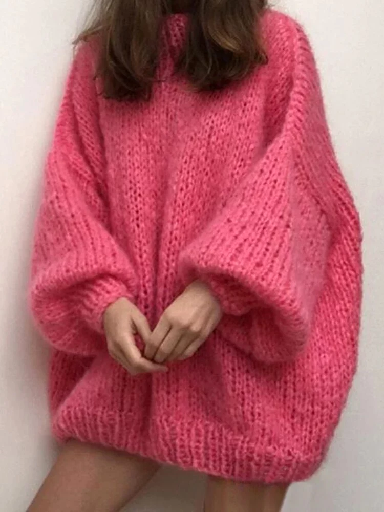 Mohair Sweaters For Women Round Neck Lantern Sleeve Loose Sweater Dress