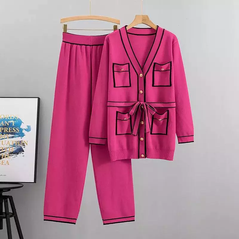 Multi-pockets Two-Piece Women Pants Sweater Set