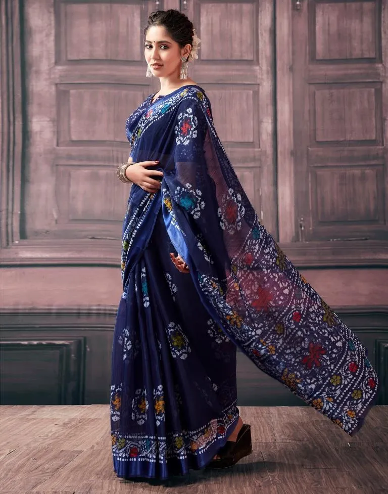 Navy Blue Cotton Printed Sarees