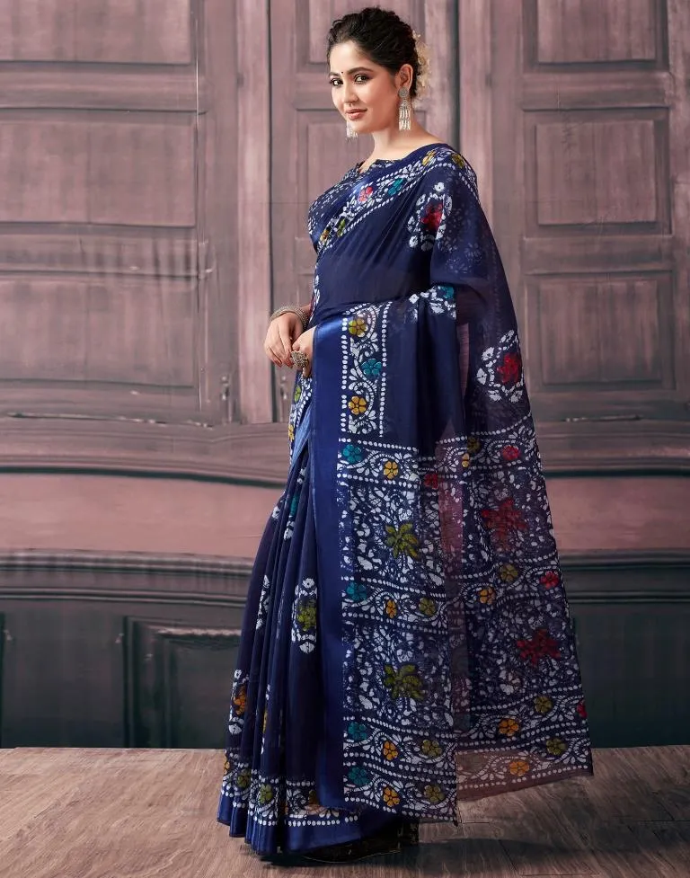 Navy Blue Cotton Printed Sarees