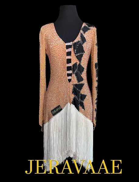 Nude Long Sleeve Latin Dress with Deep Plunging Neckline, Black Accents, Asymmetrical White Fringe Skirt, Swarovski Stones, and 