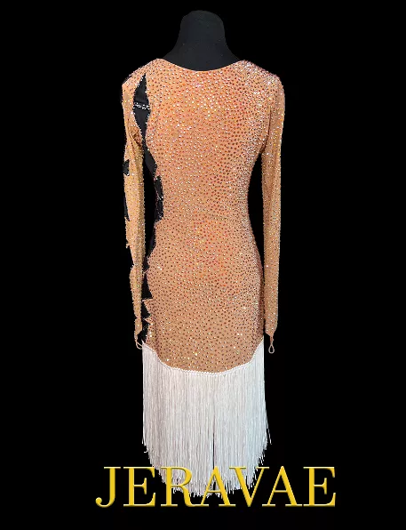 Nude Long Sleeve Latin Dress with Deep Plunging Neckline, Black Accents, Asymmetrical White Fringe Skirt, Swarovski Stones, and 