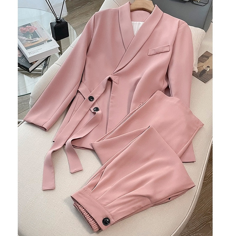 Office Lady Blazer Set Elegant Lace Up Long Sleeve V-neck Coat High Waist Straight Pant Suit 2023 Casual Loose Autumn Women Sets