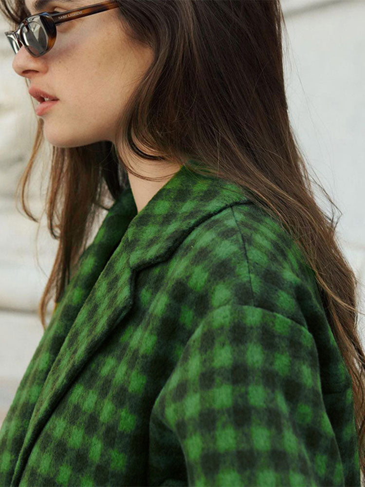 Oversized Green Plaid Lantern Sleeve Lapel Woolen Coat Autumn Winter Vintage Loose Long Overcoats Women Fashion Casual Street Ou