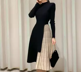 Patchwork Pleated Sweater Dress