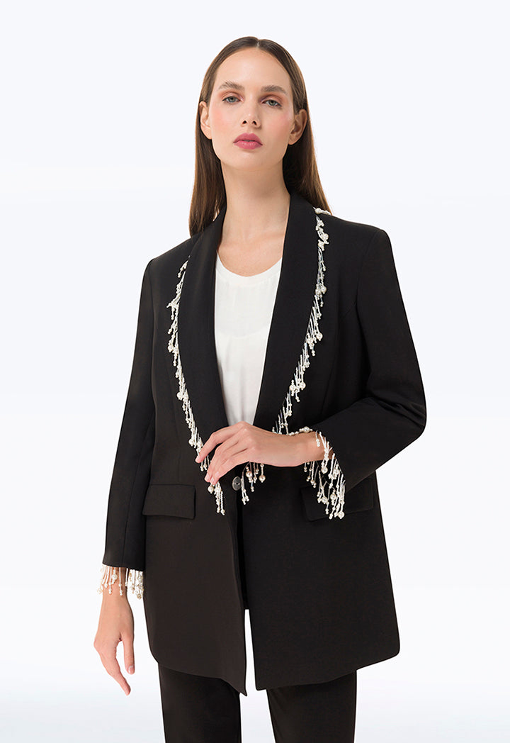 Pearl Embellished Blazer With Flap Pockets