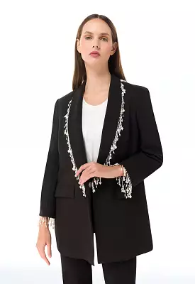 Pearl Embellished Blazer With Flap Pockets