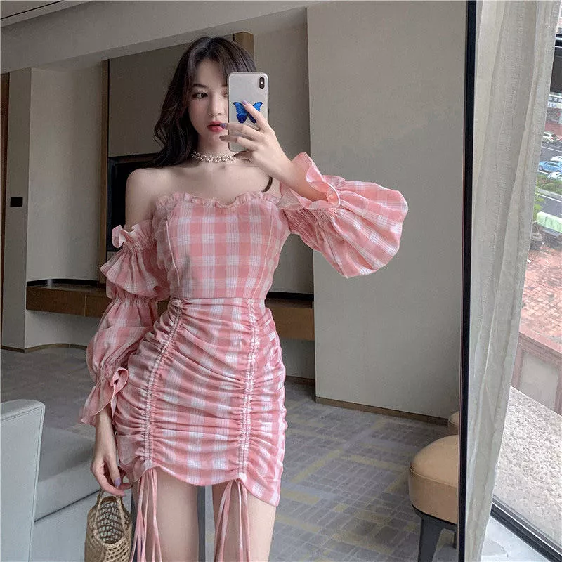 Pink Grid Off-The-Shoulder Dress AD12124