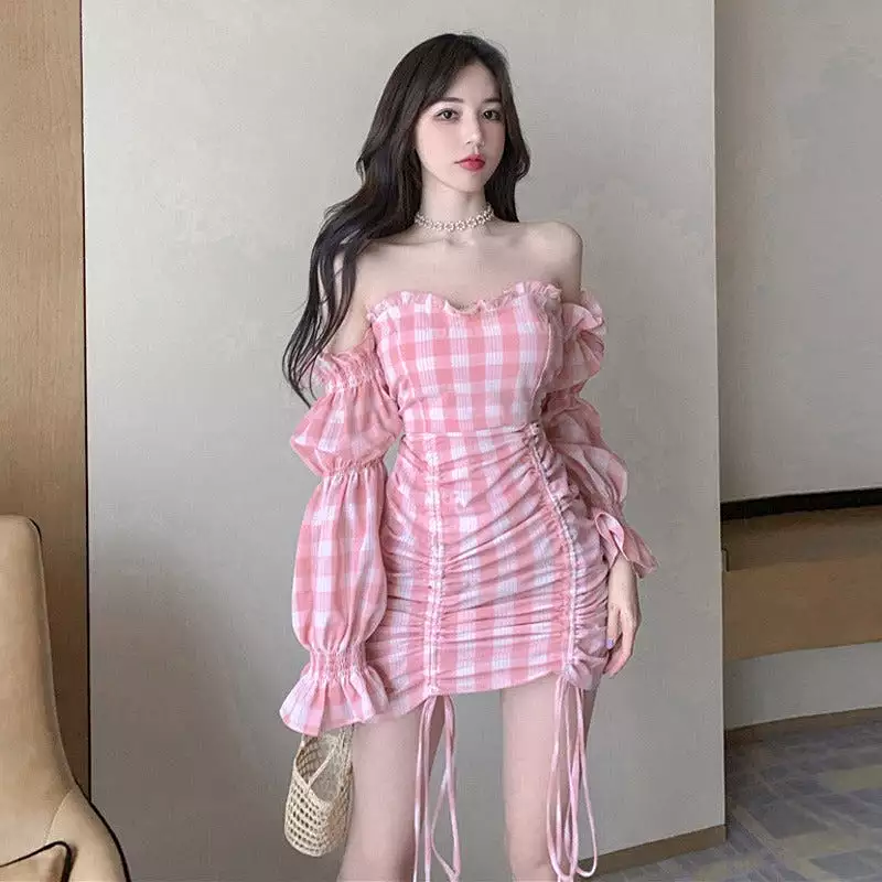 Pink Grid Off-The-Shoulder Dress AD12124