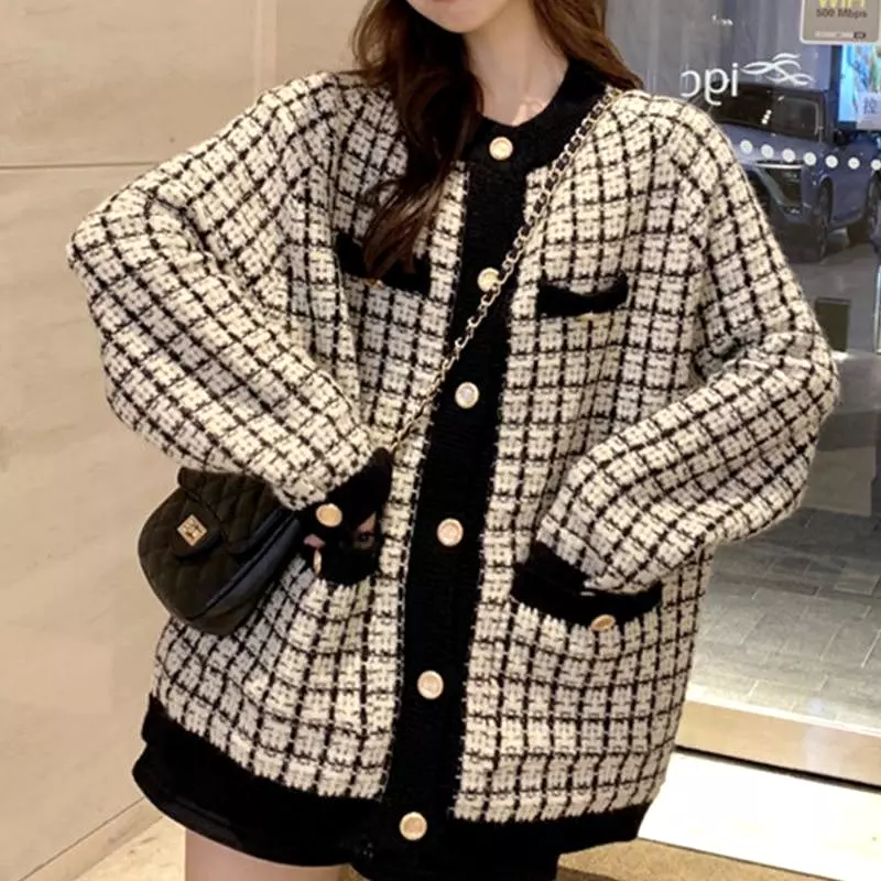 Plaid Oversized Cardigan Sweater for Women