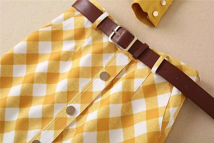 Plaid Skirt Outfit Set - Yellow