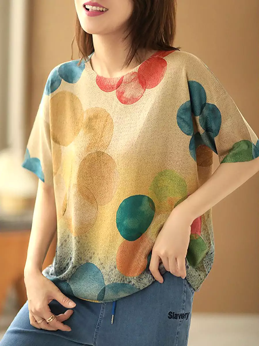 Prints Casual Knit Short Sleeve Women Sweater T Shirt