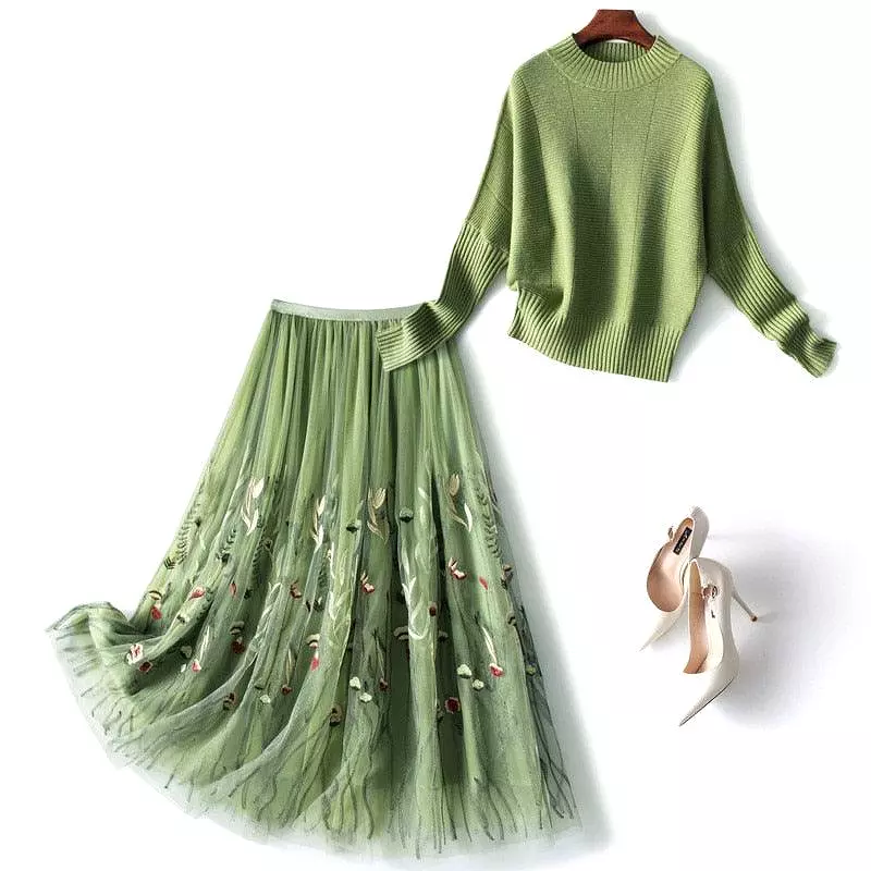 Pullover Sweater With Embroidered Mesh Skirt