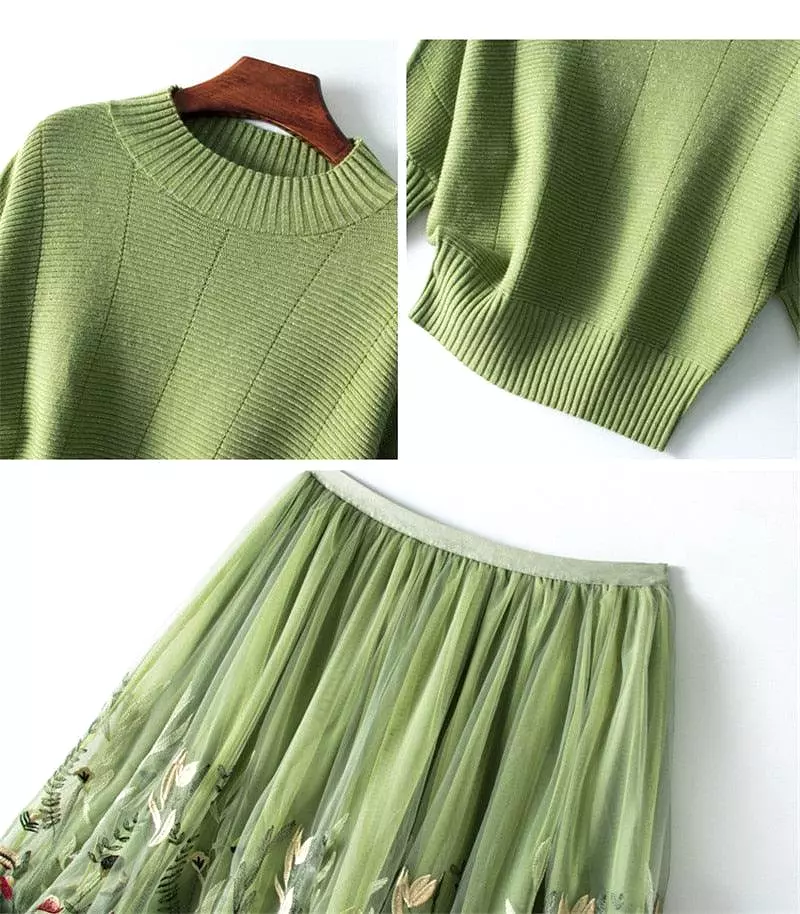 Pullover Sweater With Embroidered Mesh Skirt