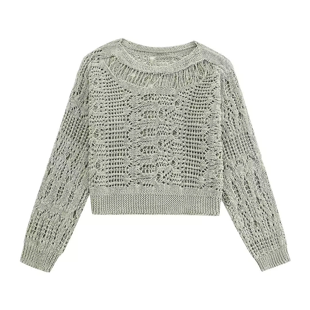 Pullovers O-neck Hollow Out Women's Sweater 2023 Autumn Short Sweaters Crop Knit Knitwears Vintage Fashion Ladies Jumper