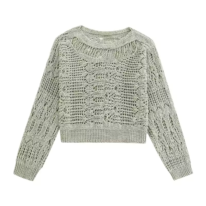 Pullovers O-neck Hollow Out Women's Sweater 2023 Autumn Short Sweaters Crop Knit Knitwears Vintage Fashion Ladies Jumper