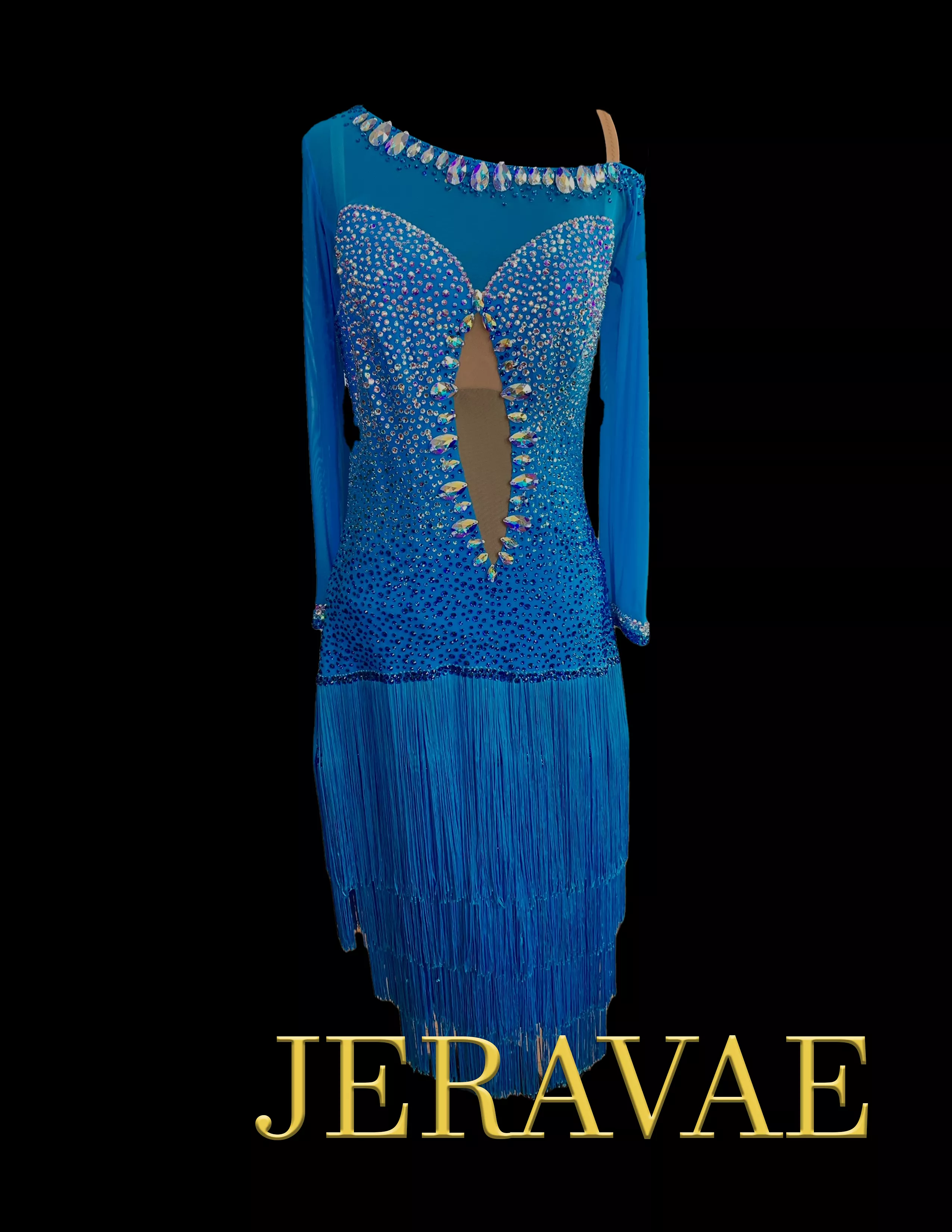 Resale Artistry in Motion Blue Latin Dress with Long Mesh Sleeves, Asymmetrical Shoulder, Layered Fringe Skirt, and Swarovski St