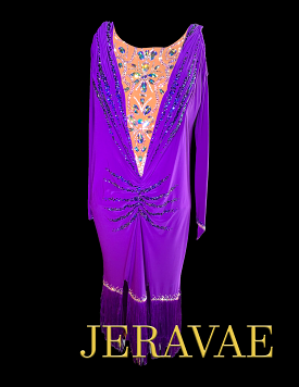 Resale Artistry in Motion Purple Latin Dress with Long Sleeves, Ruching on Front and Back, Swarovski Stones, and Slit Skirt with