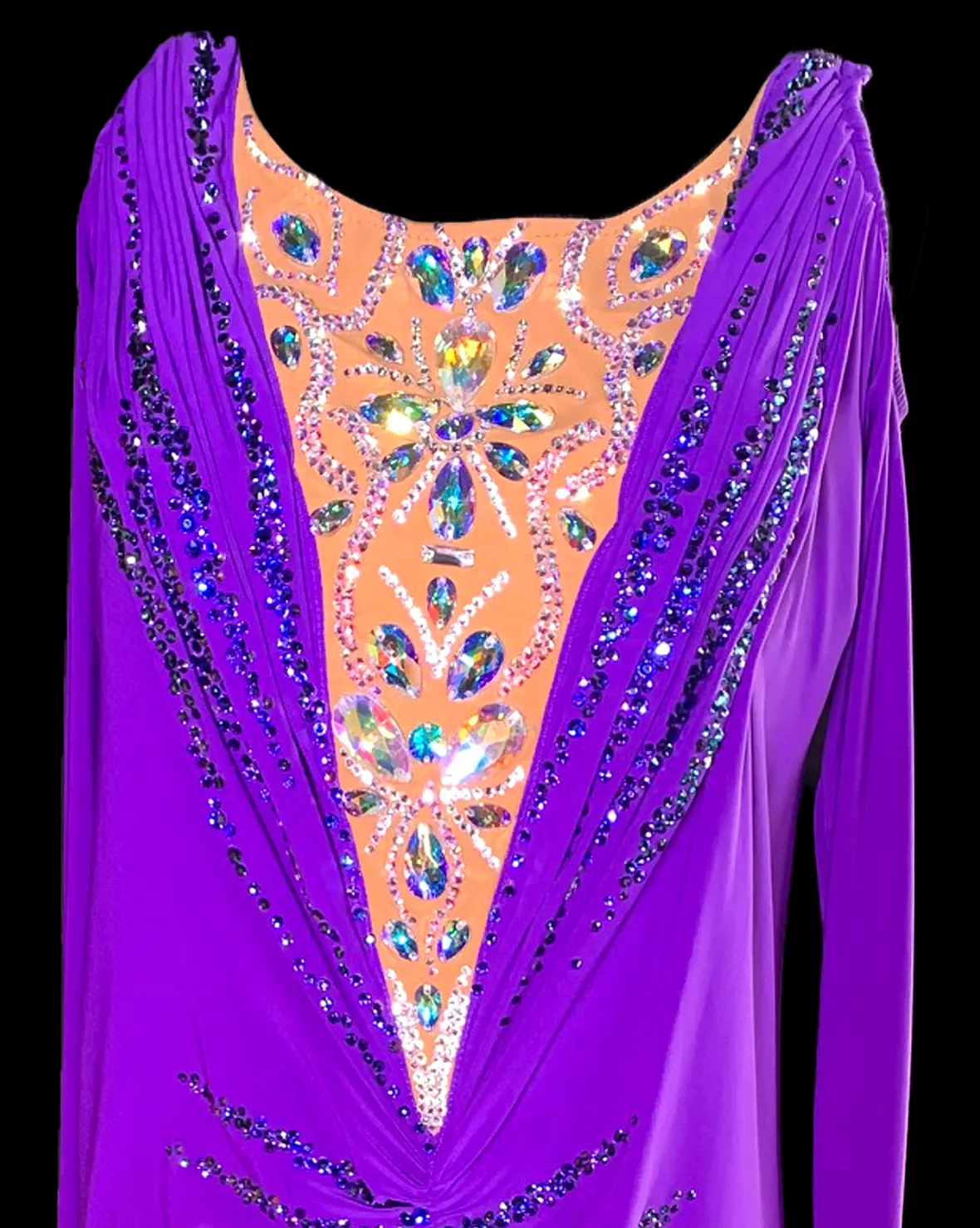 Resale Artistry in Motion Purple Latin Dress with Long Sleeves, Ruching on Front and Back, Swarovski Stones, and Slit Skirt with