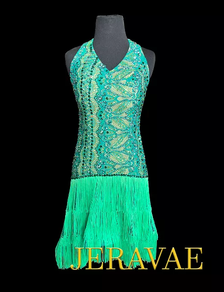 Resale Artistry in Motion Sleeveless Green Lace Latin Dress with Multiple Layers of Fringe in the Skirt, V-Neckline, and Swarovs