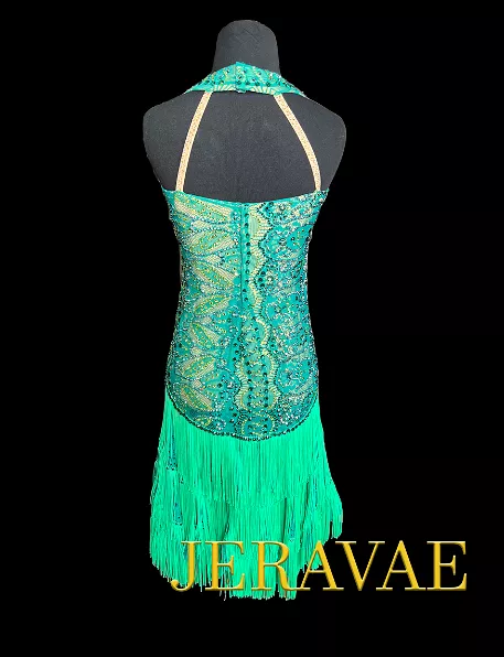 Resale Artistry in Motion Sleeveless Green Lace Latin Dress with Multiple Layers of Fringe in the Skirt, V-Neckline, and Swarovs