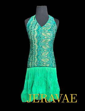 Resale Artistry in Motion Sleeveless Green Lace Latin Dress with Multiple Layers of Fringe in the Skirt, V-Neckline, and Swarovs