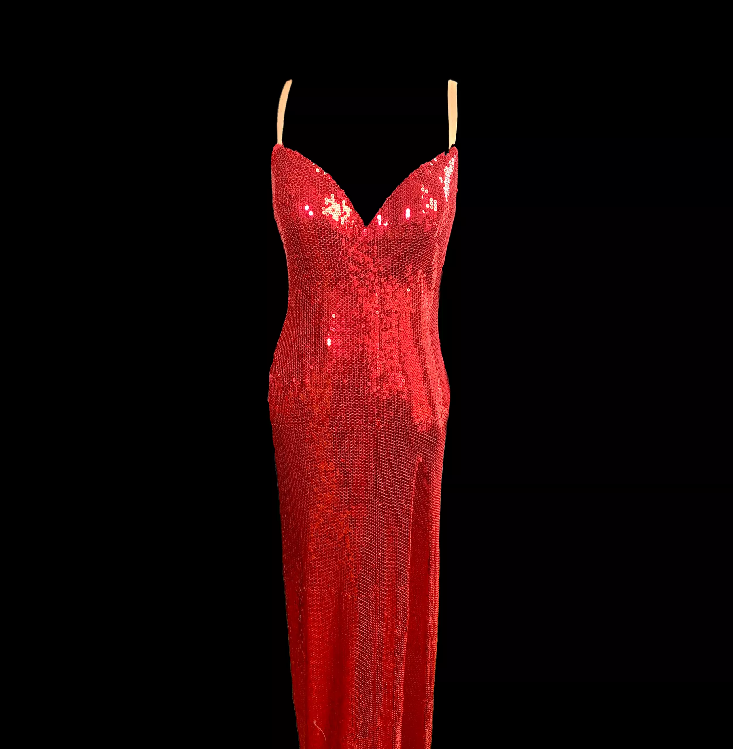 Resale Artistry in Motion Sleeveless Red Sequin Latin Dress with Sweetheart Neckline, Deep Side Slit in Skirt, and Bare Back Sz 