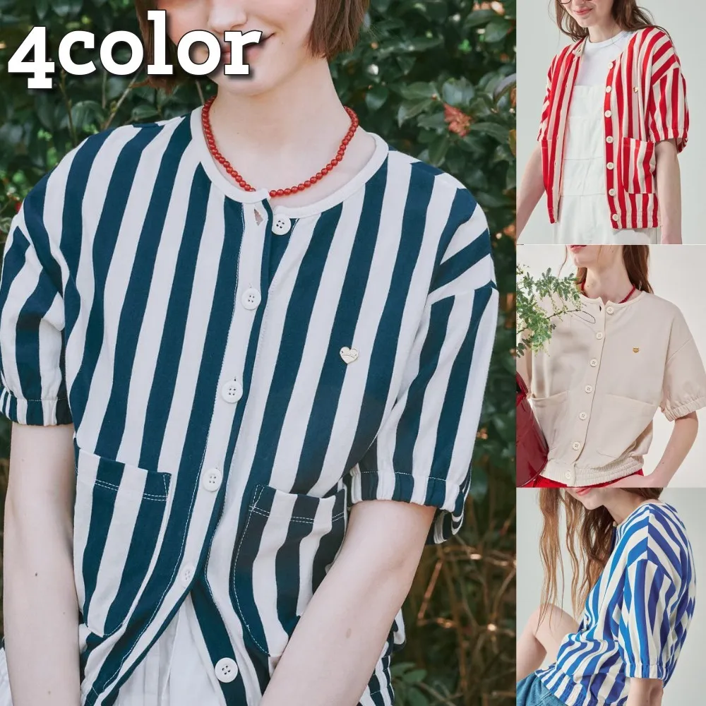 RONRON  |Stripes Heart Street Style Short Sleeves Logo Cardigans