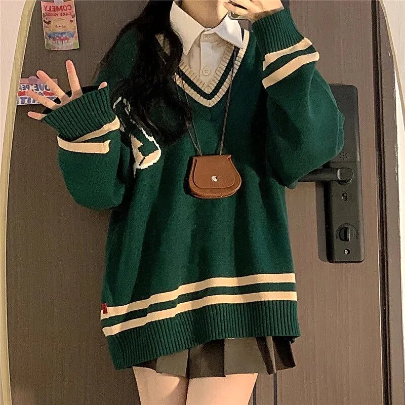 Rugby Striped Green Oversize Sweater  Women Harajuku Preppy Fashion Blue V-neck Long Sleeve Jumper Female Tops