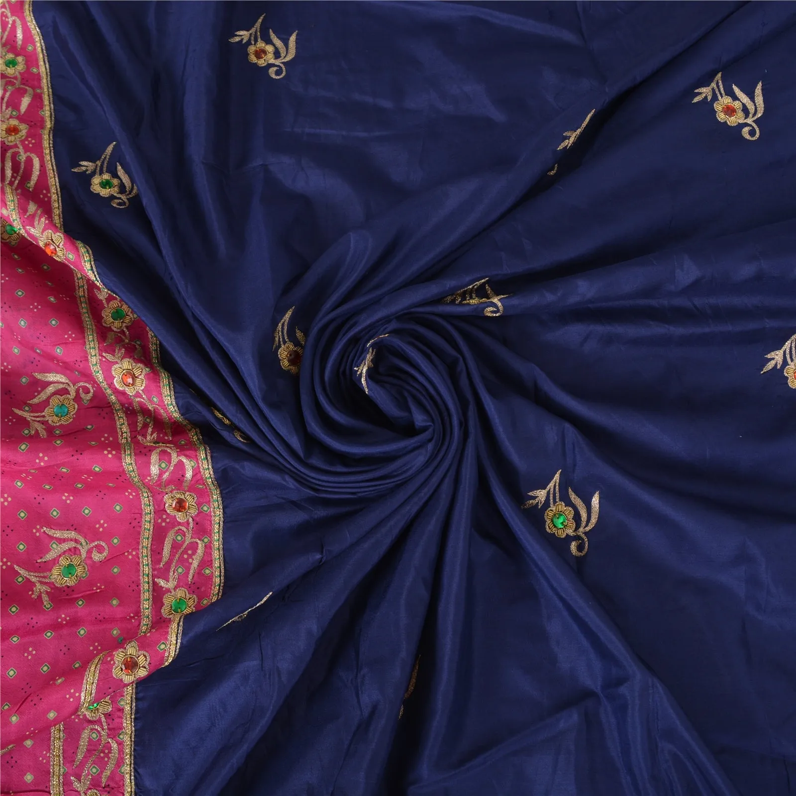 Sanskriti Vintage Bandhani Hand Beaded Sarees Pure Silk Pink/Navy Blue Sari