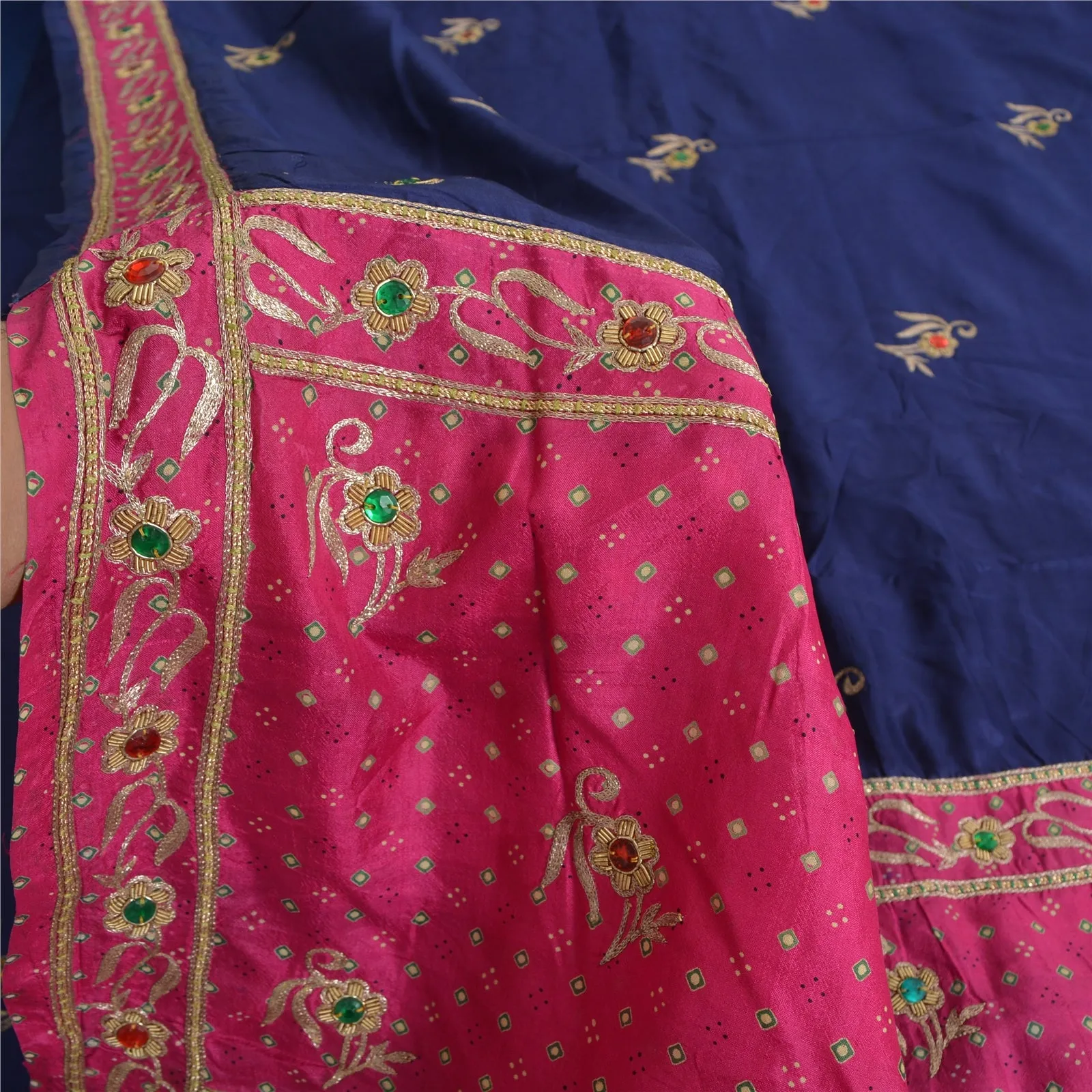 Sanskriti Vintage Bandhani Hand Beaded Sarees Pure Silk Pink/Navy Blue Sari