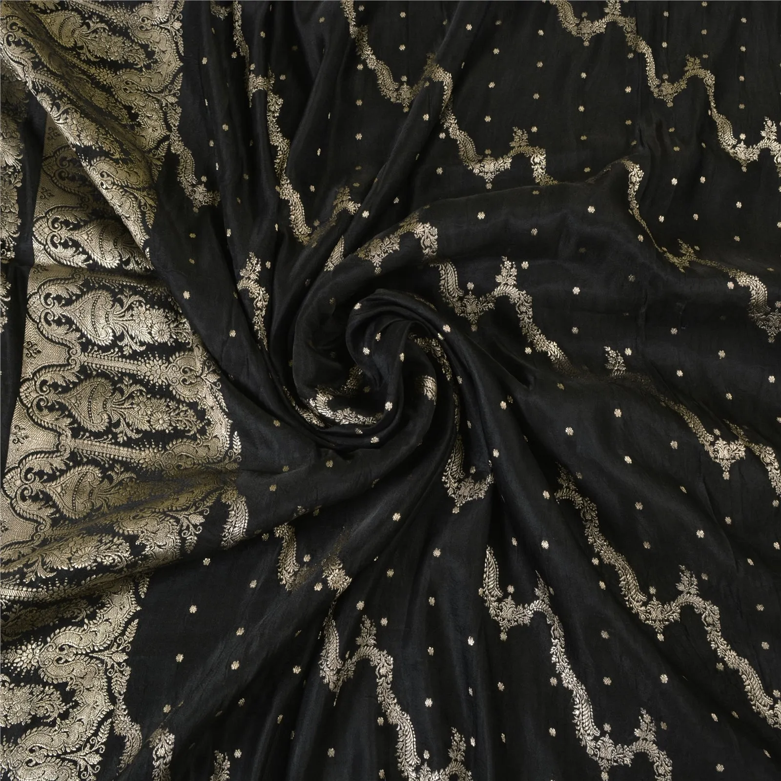 Sanskriti Vintage Black Sarees Pure Satin Silk Brocade/Banarasi Zari Sari Fabric