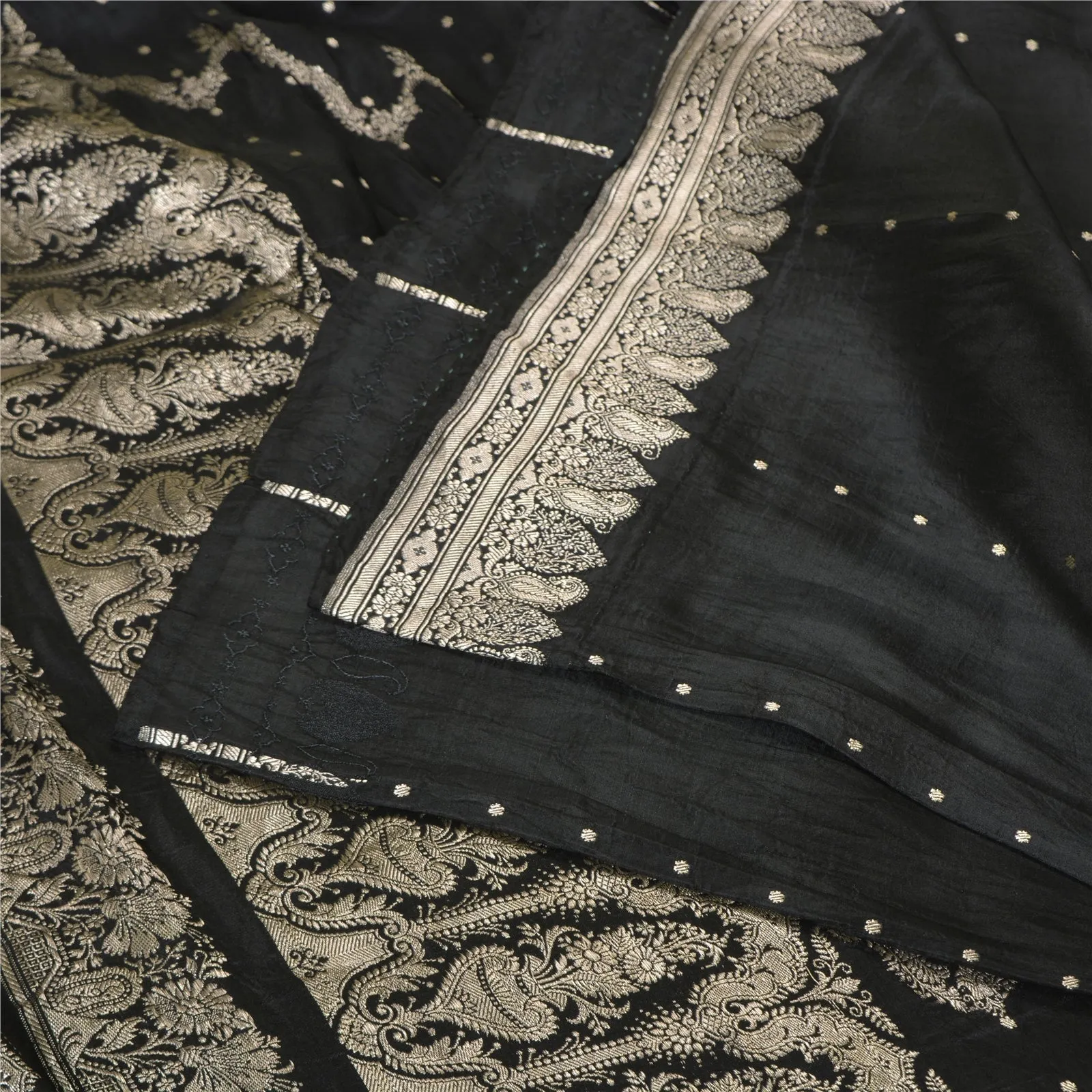 Sanskriti Vintage Black Sarees Pure Satin Silk Brocade/Banarasi Zari Sari Fabric