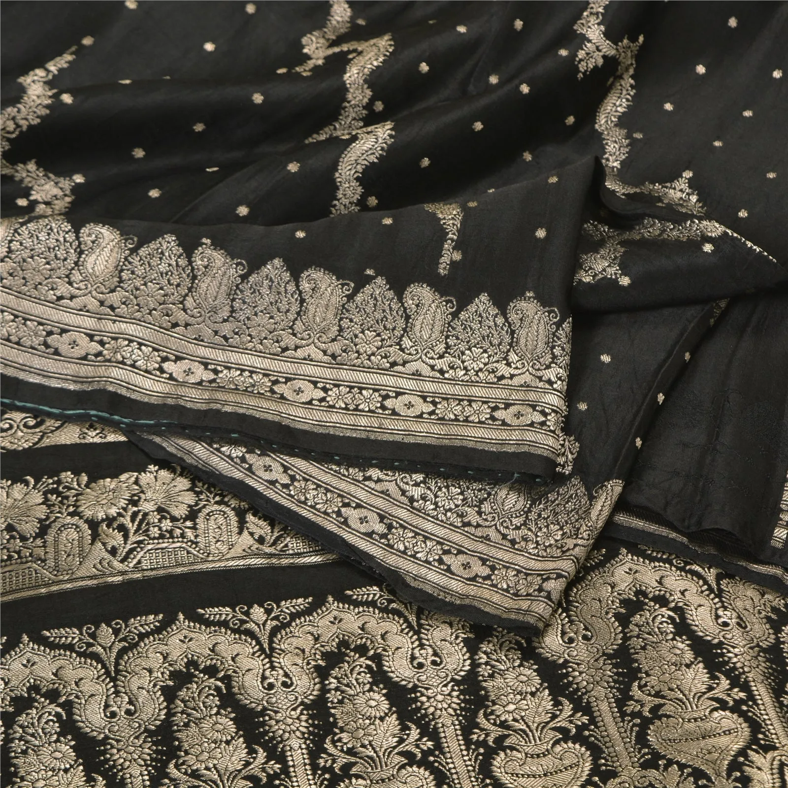 Sanskriti Vintage Black Sarees Pure Satin Silk Brocade/Banarasi Zari Sari Fabric