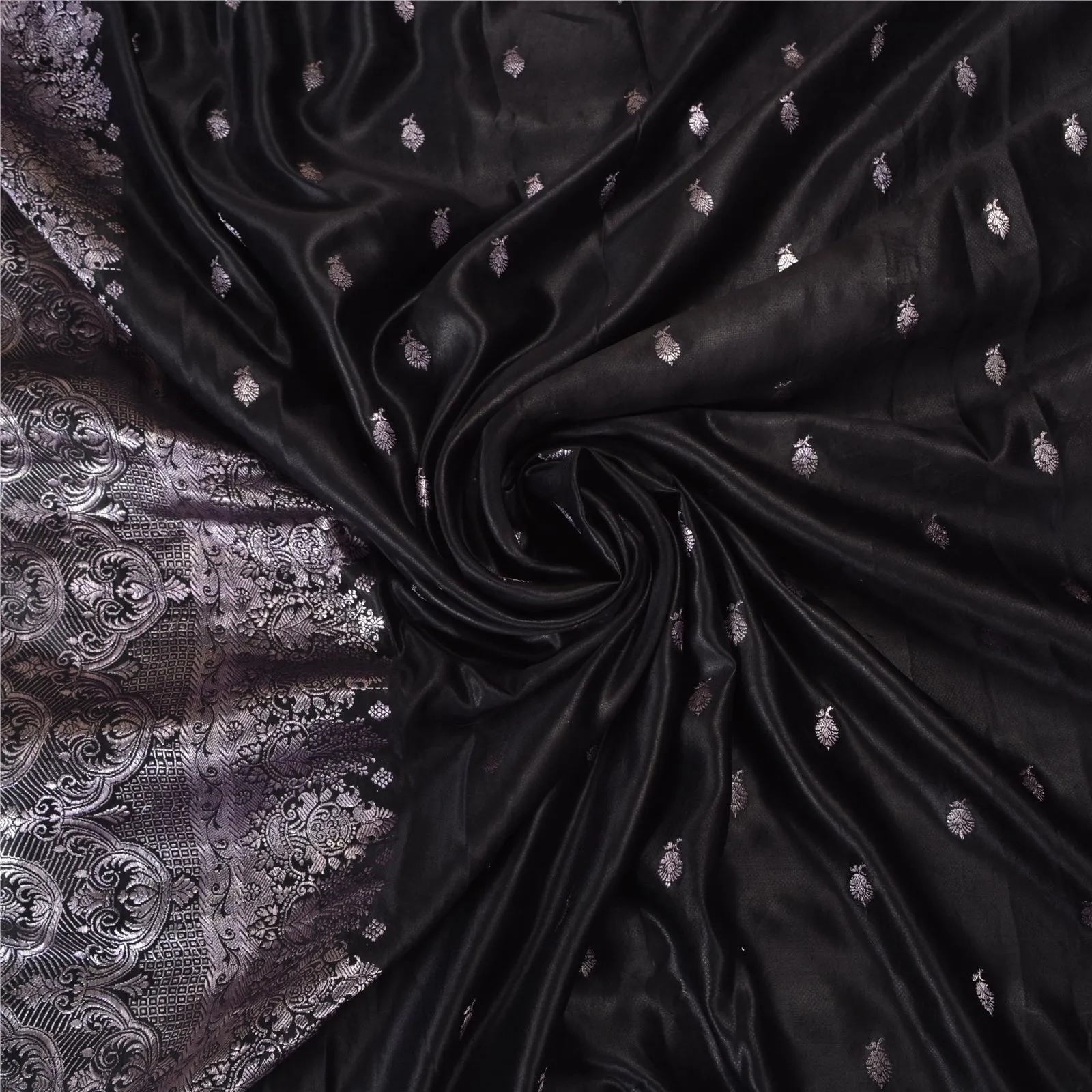 Sanskriti Vintage Black Sarees Pure Satin Silk Zari Brocade/Banarasi Sari Fabric