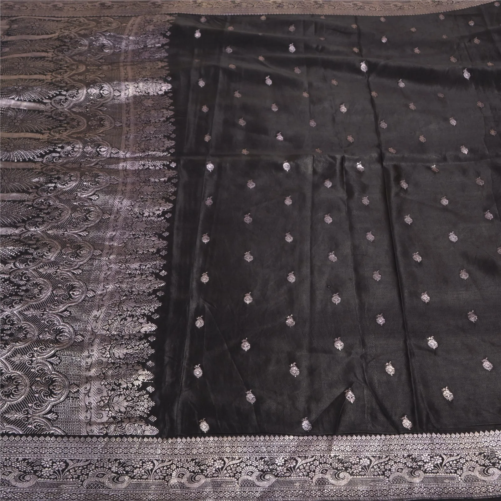 Sanskriti Vintage Black Sarees Pure Satin Silk Zari Brocade/Banarasi Sari Fabric