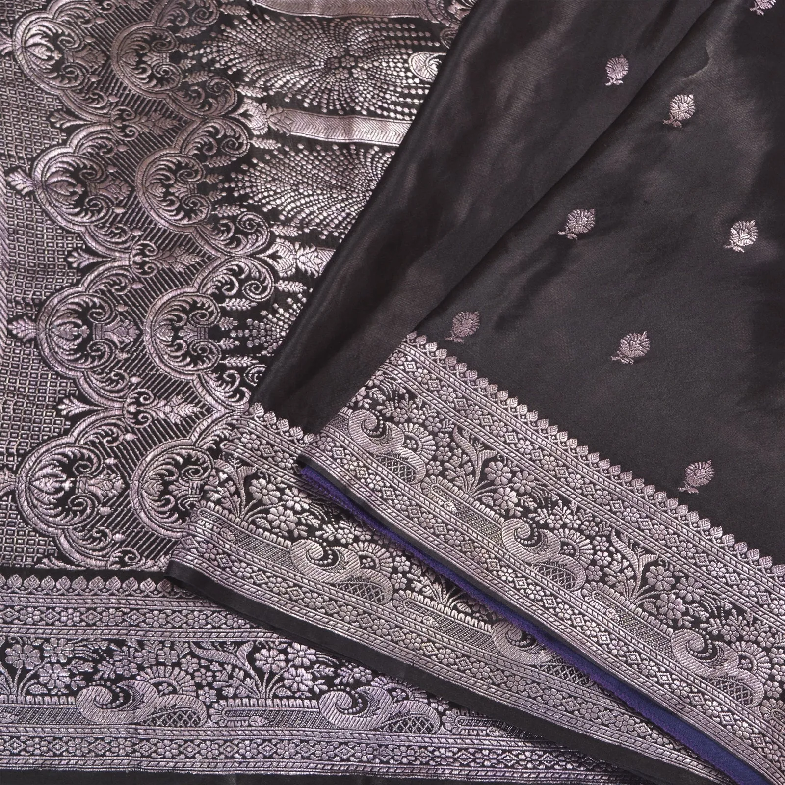 Sanskriti Vintage Black Sarees Pure Satin Silk Zari Brocade/Banarasi Sari Fabric