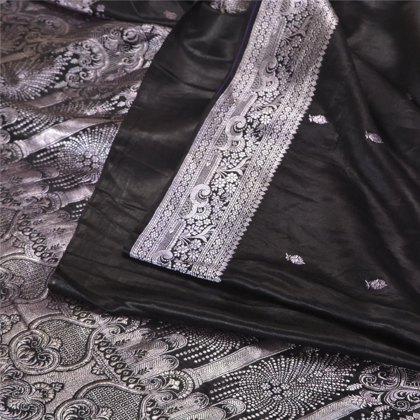 Sanskriti Vintage Black Sarees Pure Satin Silk Zari Brocade/Banarasi Sari Fabric