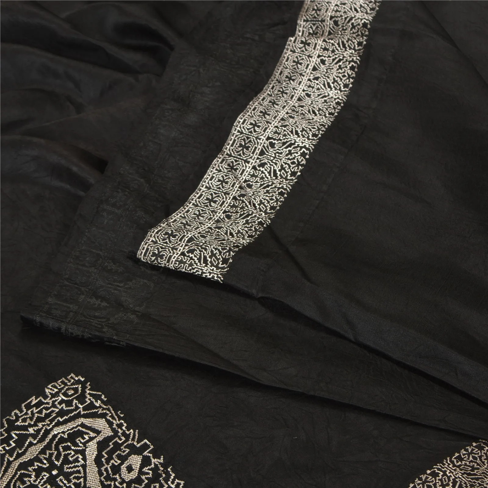 Sanskriti Vintage Black Sarees Pure Satin Woven Brocade/Banarasi Sari Fabric