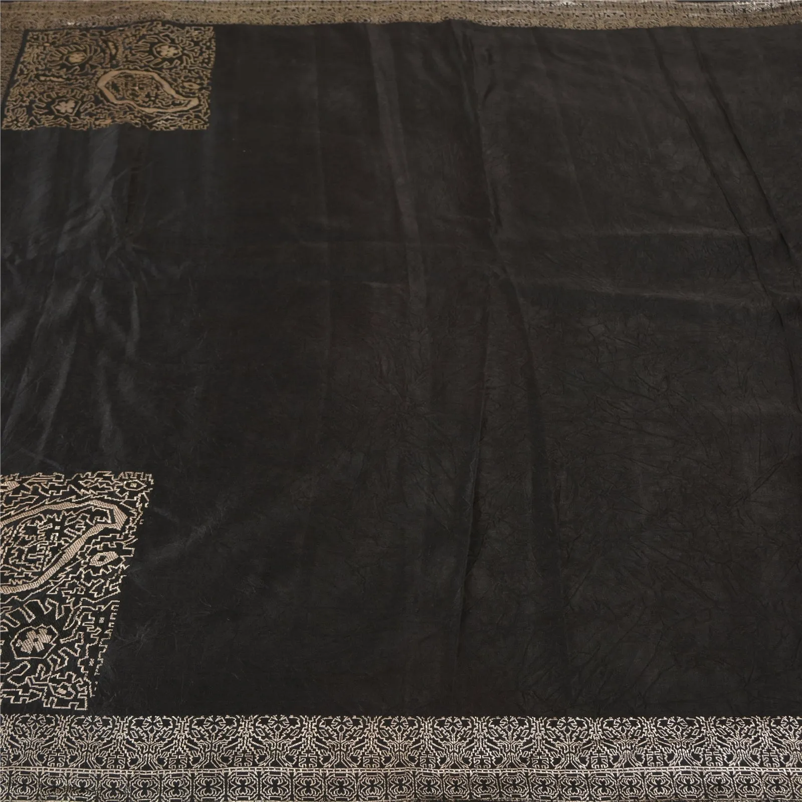 Sanskriti Vintage Black Sarees Pure Satin Woven Brocade/Banarasi Sari Fabric